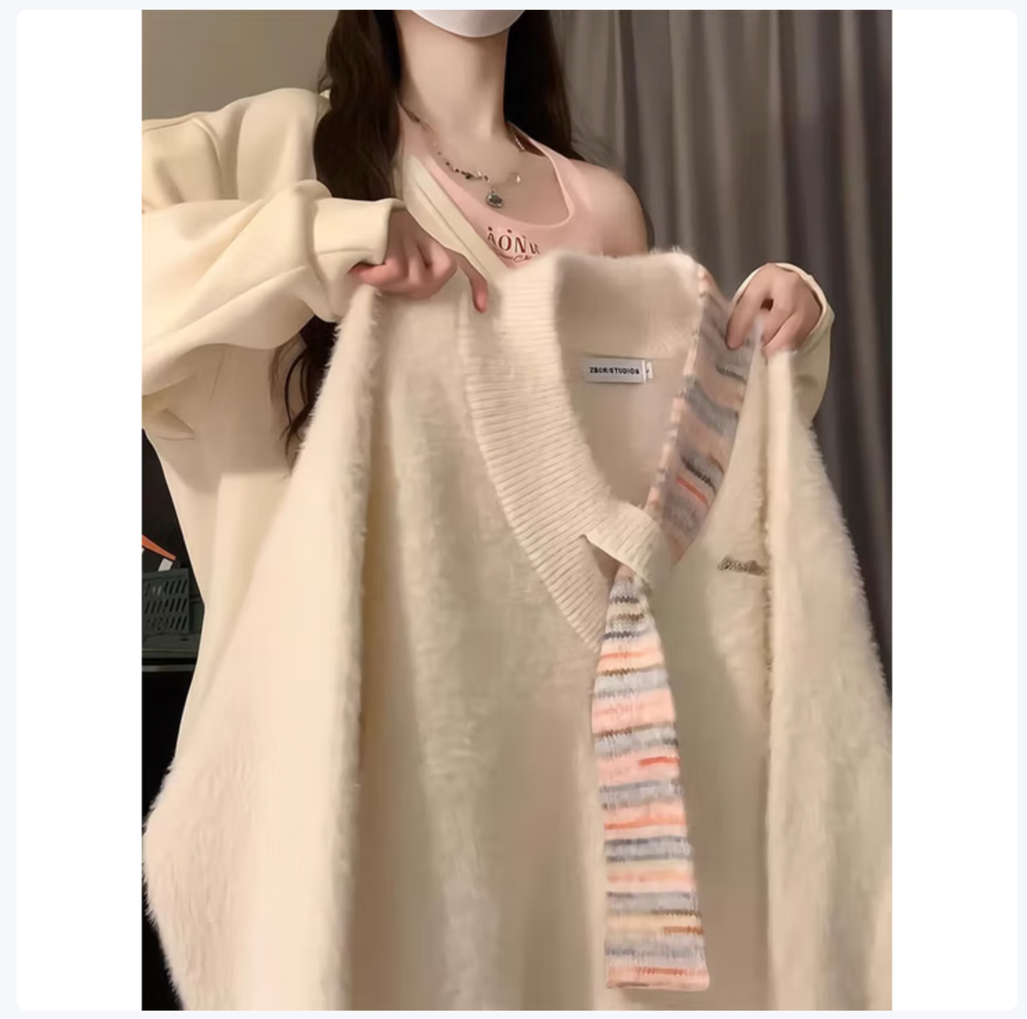 LDBE软糯v领带拼接毛衣女秋冬季小众设计感慵懒风韩系长袖针织衫上衣 杏色 L